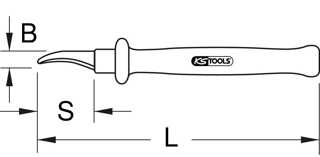 'Nákres nástroje od KS Tools s rozměry: délka (L), šířka (B) a délka stopky (S) v mm.'
