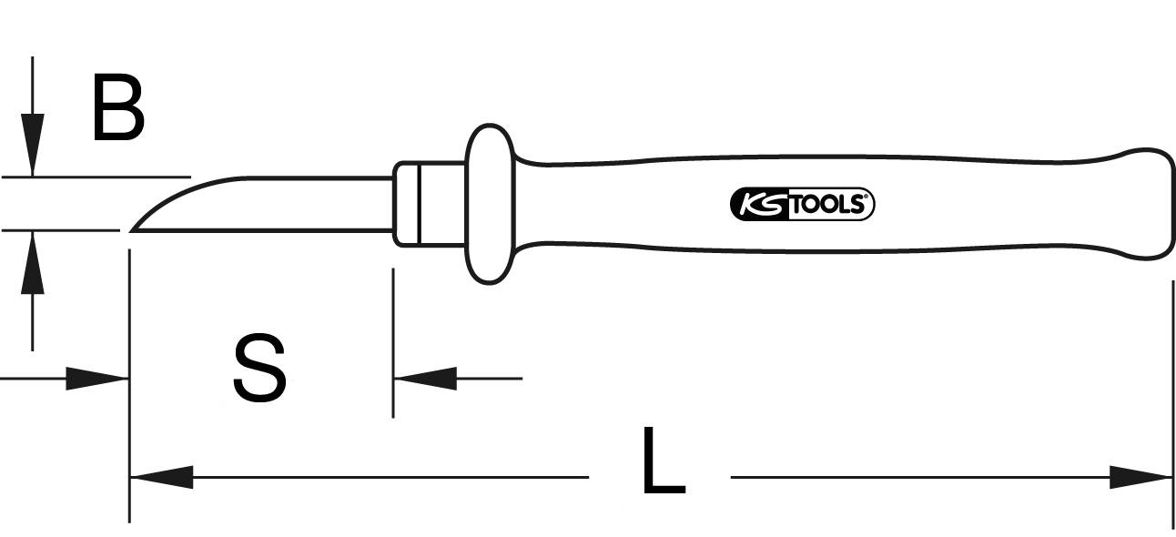 Obrázek montážního nástroje s rukojetí a špičatým koncem. Rozměry 'B', 'S' a 'L' jsou vyznačeny. Firemní logo 'KS Tools' je viditelné.