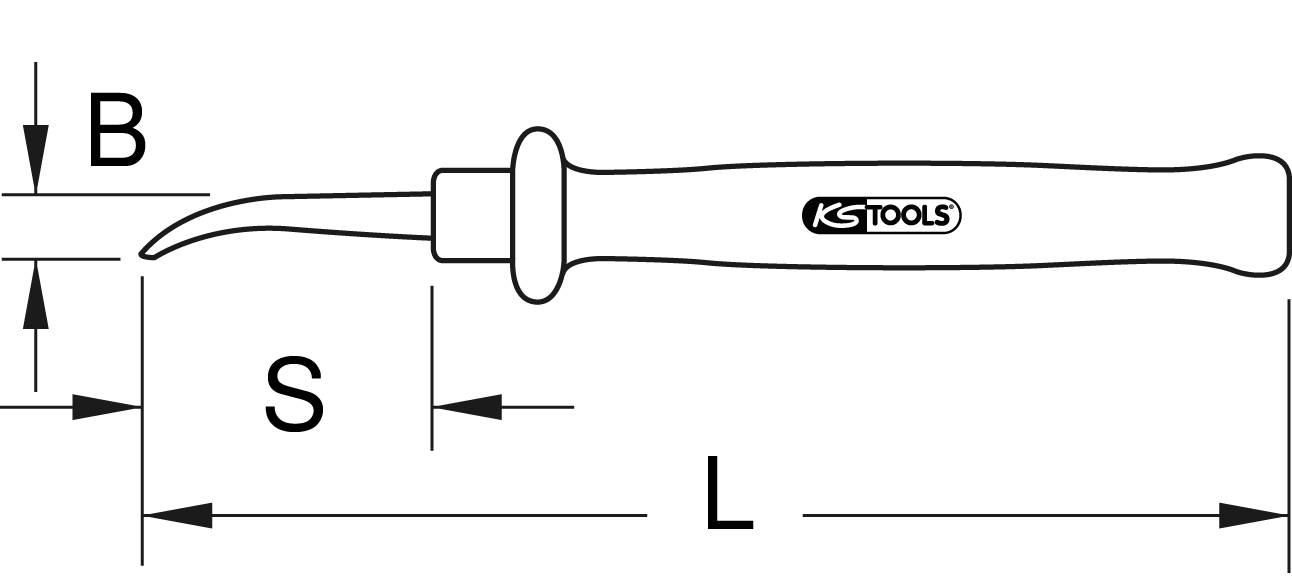 Ilustrace nástroje s ohnutým koncem. Jsou vyznačeny rozměry Š, T a D. Rukojeť s logem 'KS Tools'.