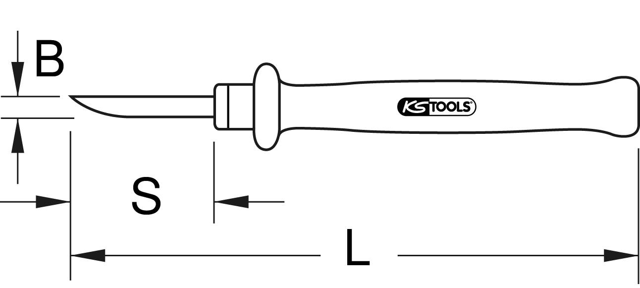 'KS Tools' vedení čepele, zobrazuje délku (L), šířku čepele (S) a výšku čepele (B).