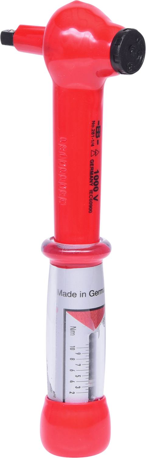 Červený, izolovaný šroubovák s nápisem „Made in Germany" na rukojeti. Je viditelná stupnice pro měření hloubky.