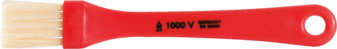 Červený štětec s přírodními štětinami s nápisem '1000V, VDE, Germany'. Vhodný pro práce v blízkosti elektrických vedení.