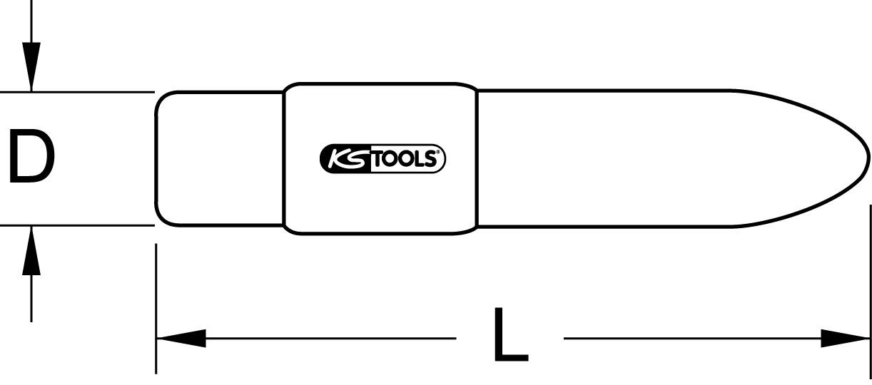 Výkres struktury nástroje od KS Tools s vyznačenými rozměry 'D' a 'L'.