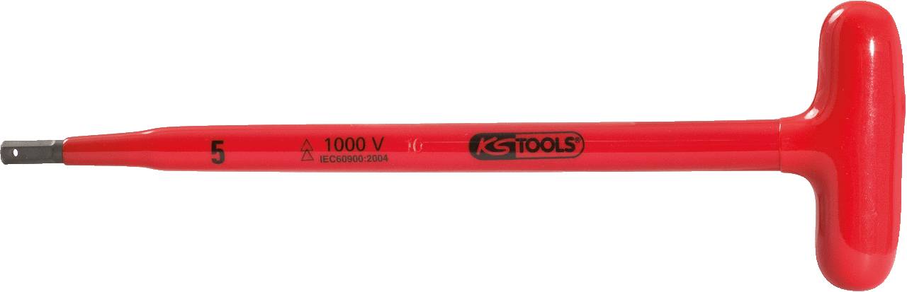 Elektricky izolovaný T-rukojeťový šroubovák, červený, s izolací chráněnou proti napětí do 1000 V, značka 'KS Tools'.