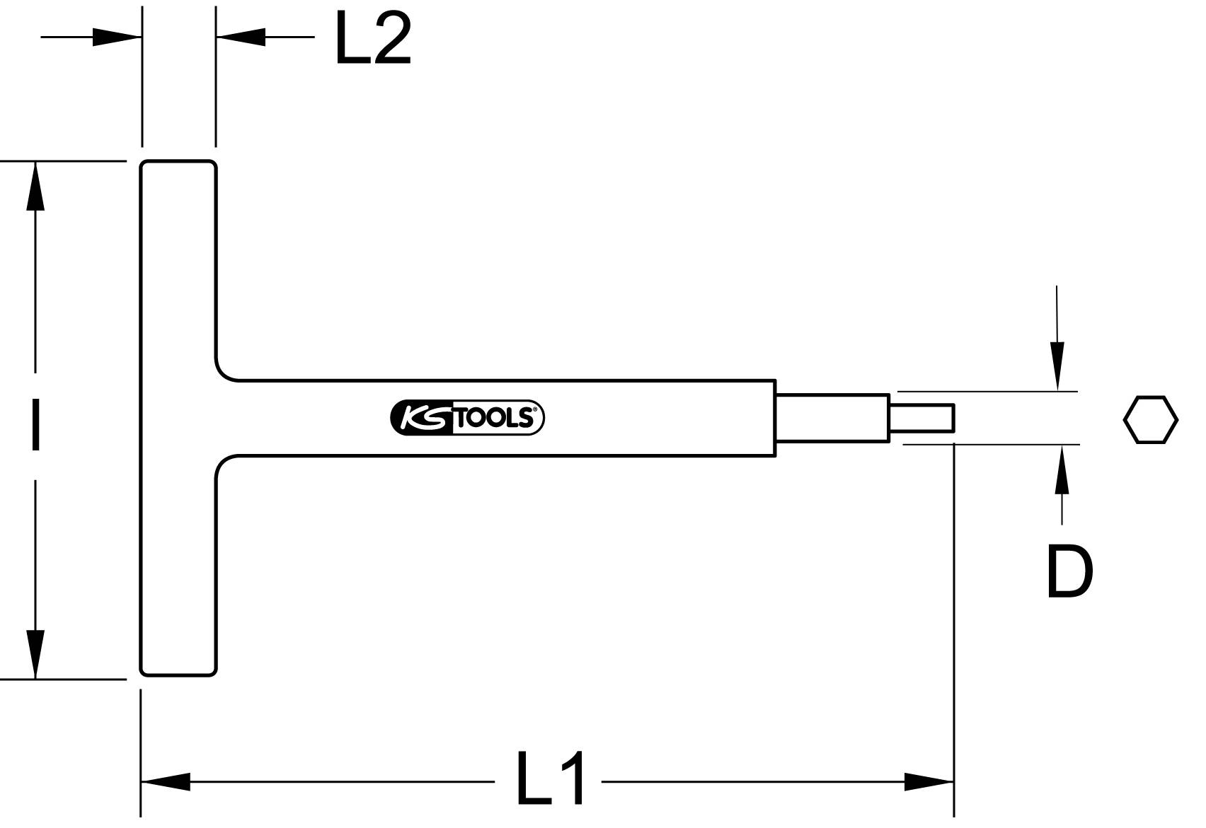 Technický výkres T-rukojeti šroubového klíče s rozměry L1, L2, I a D. Obsahuje logo výrobce nářadí.