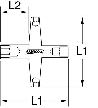 Černobílý diagram křížového nástrčného klíče s nápisem 'KS TOOLS'. Rozměry jsou označeny L1 a L2.