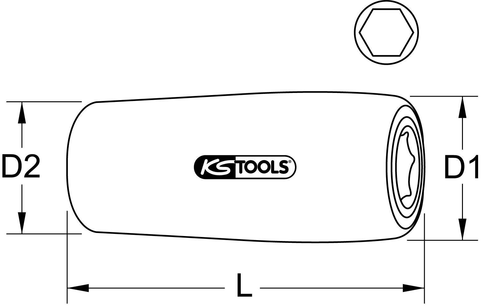 Obrázek ukazuje nástrčnou hlavici od KS Tools s šestihranným profilem. Rozměry jsou vyznačeny jako D1, D2 a L. Pravoúhlý nástavec symbolizuje profil.