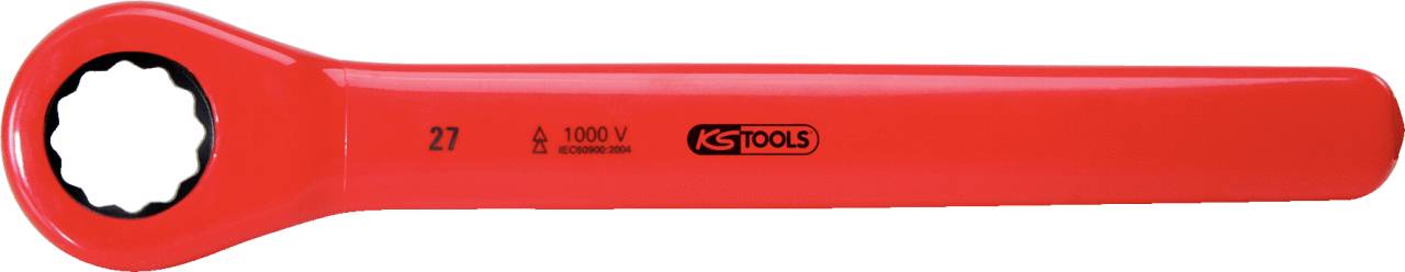 Červený izolovaný klíč s nástrčnou hlavicí, značka 'KS Tools', 27 mm, vhodný pro práce pod napětím 1000 V, ergonomická rukojeť.