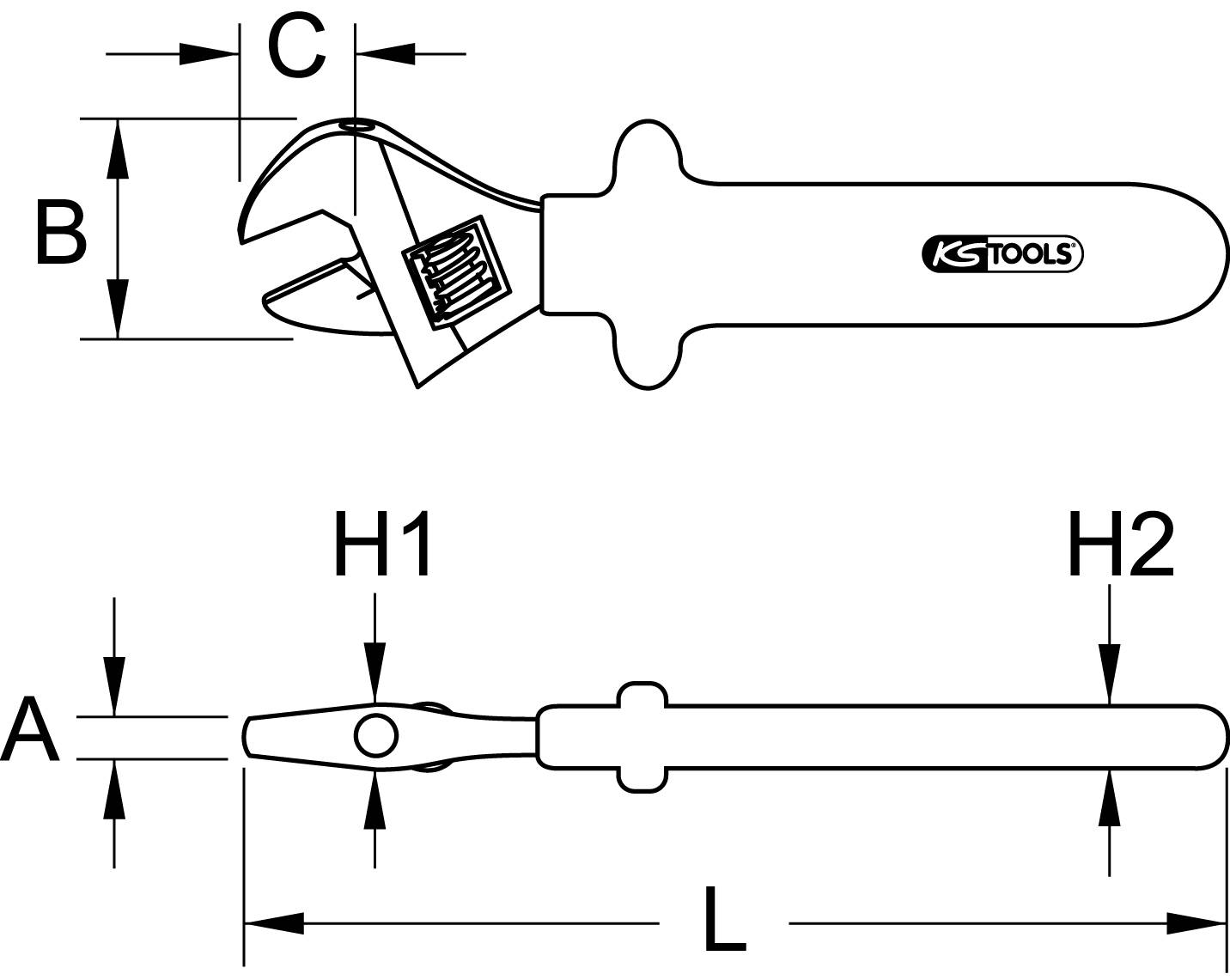 Diagram stavitelného klíče s pohledem z boku a shora. Rozměry: B, C nahoře; A, L, H1, H2 po straně. Logo 'KS Tools' viditelné.