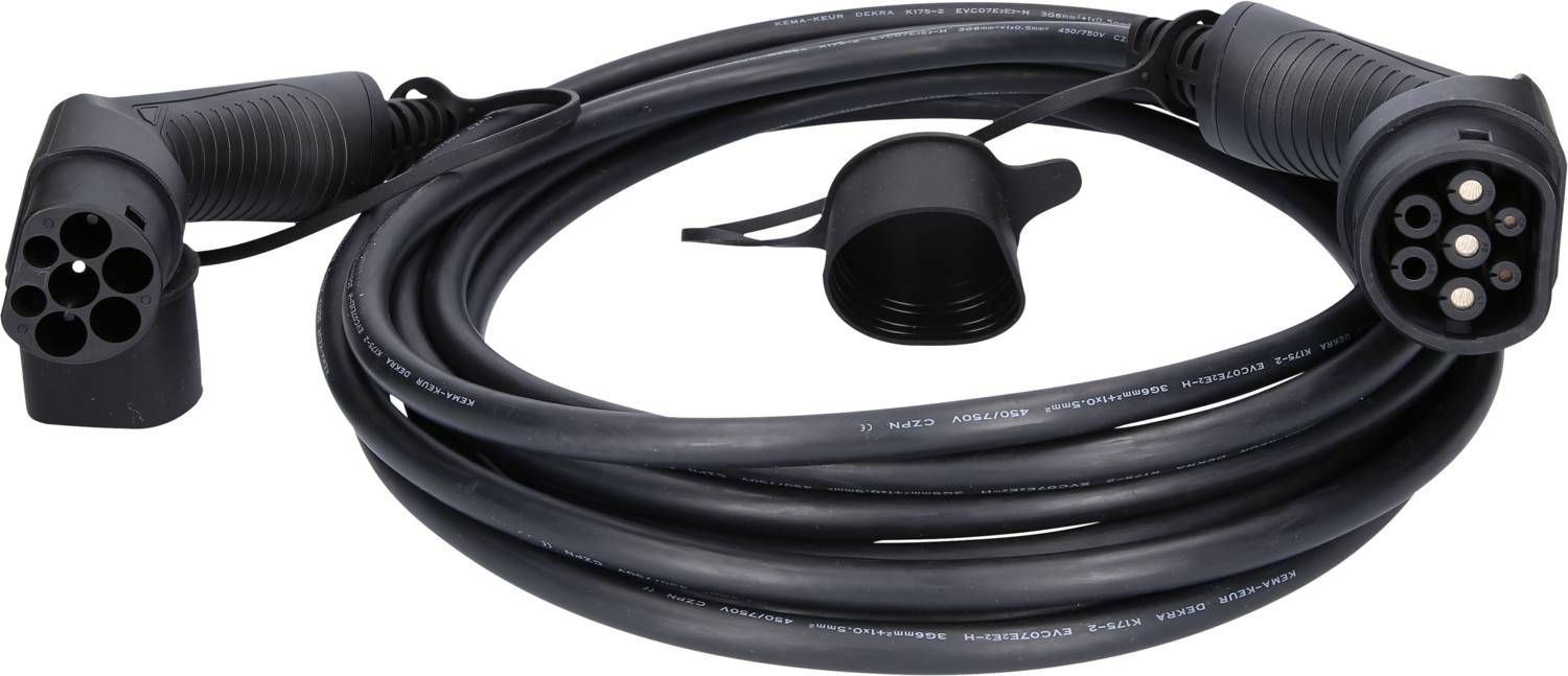 Elektrický nabíjecí kabel se dvěma zástrčkami, vhodný pro elektromobily, zobrazuje přípojky pro přenos elektrického proudu.
