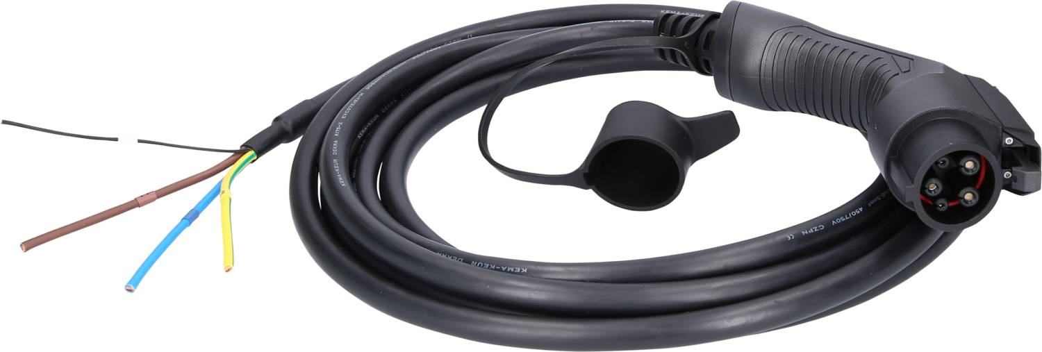 Černý nabíjecí kabel se zástrčkou a třemi volnými konci vodičů, vhodný pro elektrické připojení a nabíjecí stanice.