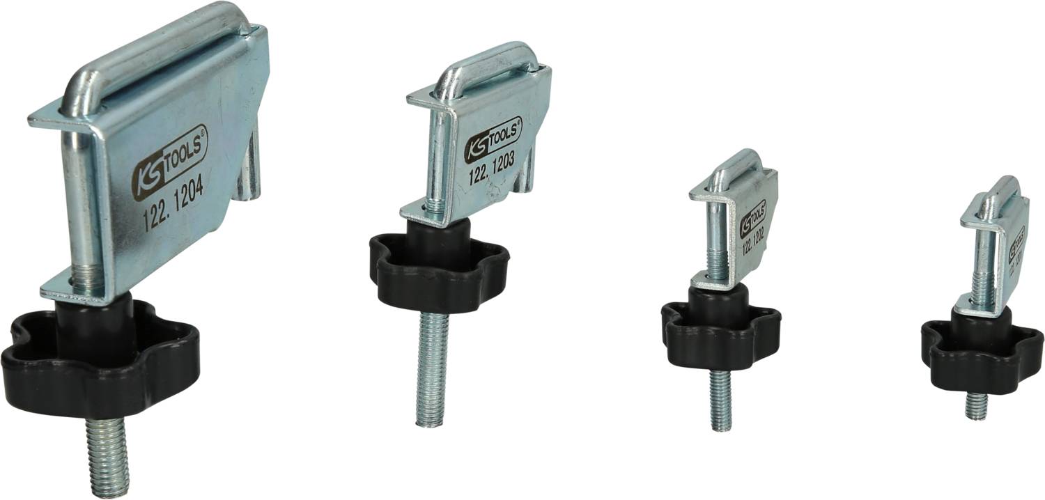 Čtyři kovové úhlové svorky různých velikostí s černými plastovými rukojeti na šroubových závitech.