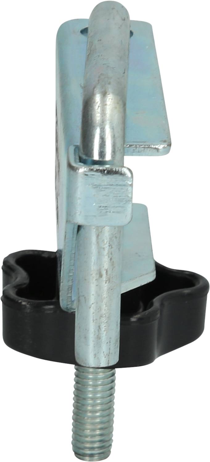 Kovový upínač se závitovým šroubem a černou, kulatou rukojetí. Slouží k upevnění a nastavení objektů nebo materiálů.