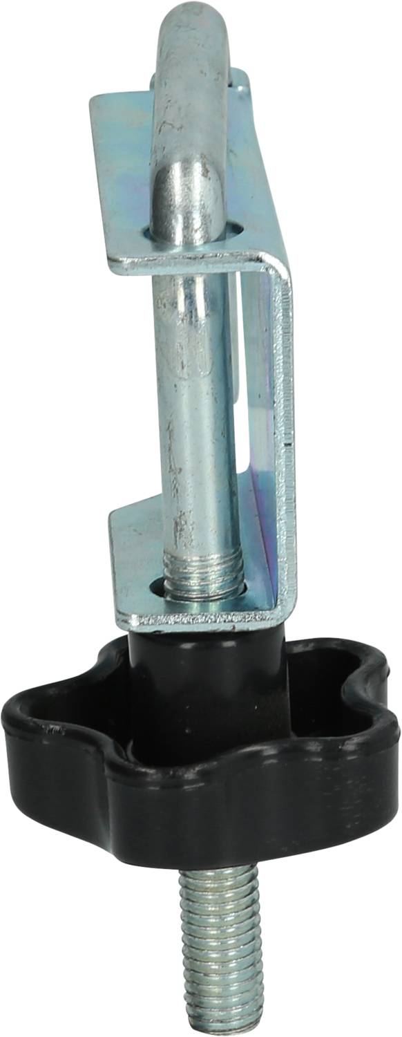 Kovový svěrák s černým plastovým šroubem. Používá se k upevnění nebo zajištění předmětů na povrchu.