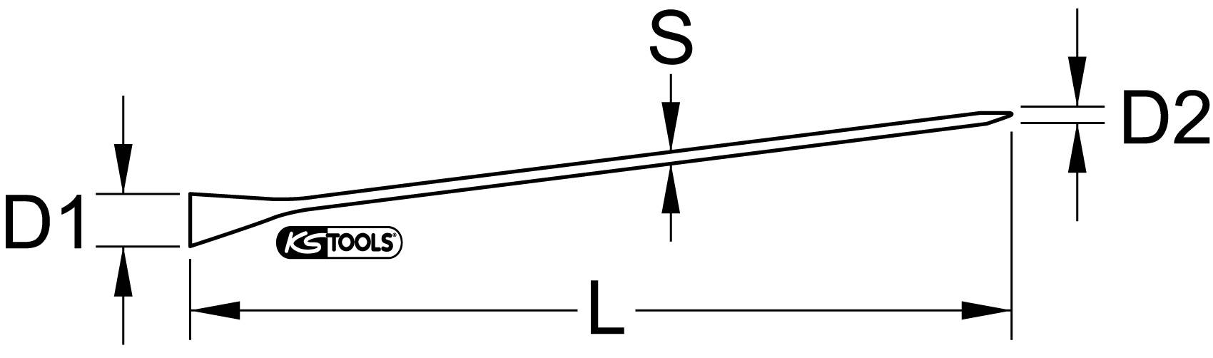 Technický výkres průtlačníku s údaji o průměru (D1, D2), délce (L) a tloušťce dříku (S). Logo KS Tools.