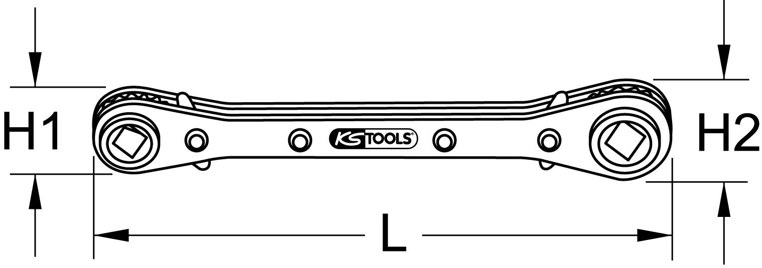 Ilustrace klíče KS Tools s prstencovou hlavou se dvěma rozměry: H1, H2 pro koncové výšky a L pro celkovou délku.