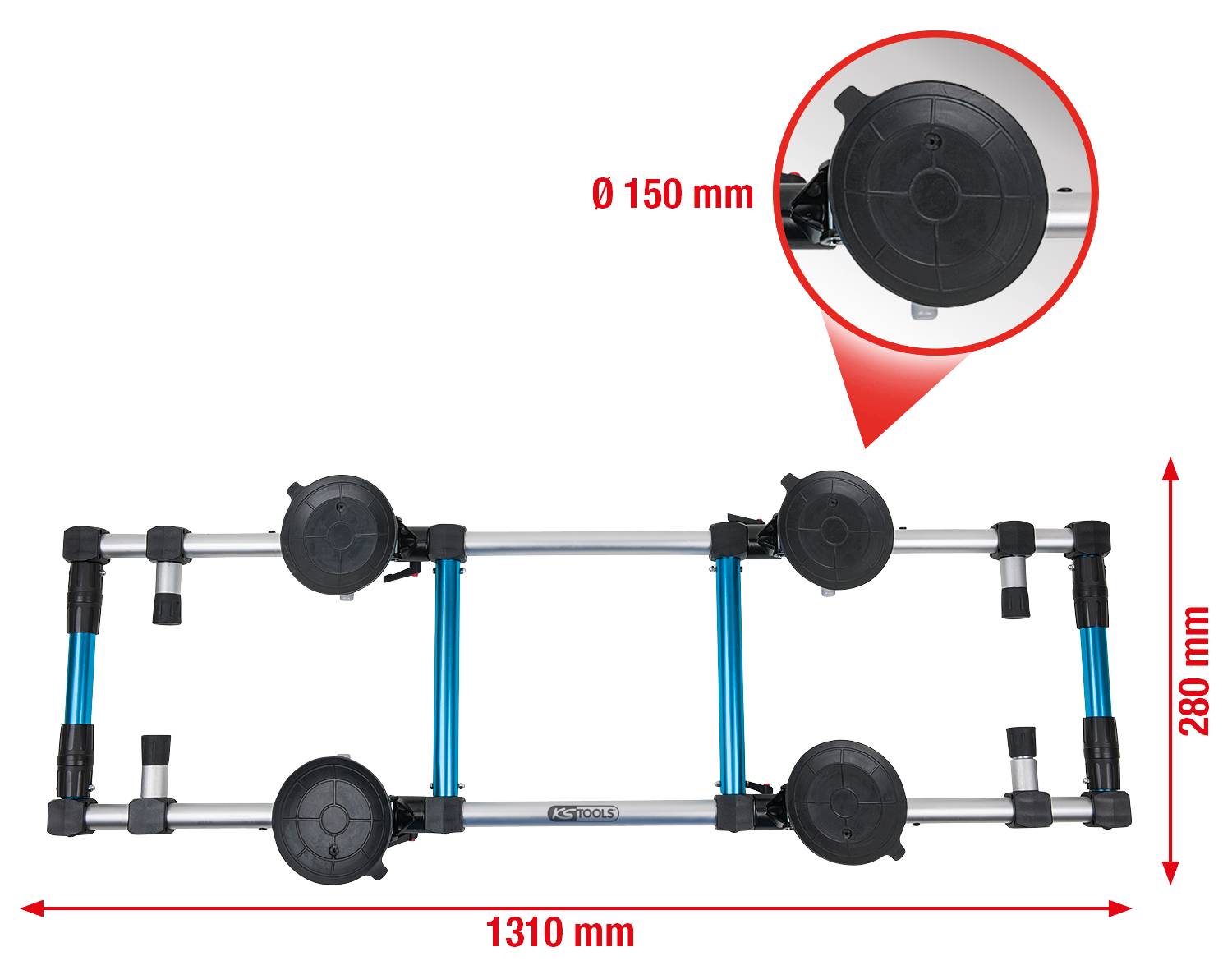 Mobilní plošina s teleskopickými vzpěrami a šesti velkými přísavkami. Kulaté detailní okno zobrazuje detail přísavky. Rozměry: 1310 mm x 280 mm.