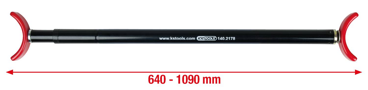 Teleskopická podpěra, černá, nastavitelná od 640 do 1090 mm, s červenými konci. Vhodná pro použití ve stavebnictví nebo pro domácí kutily.