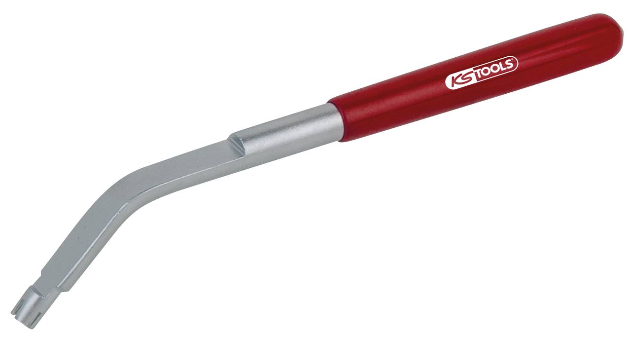 Nástroj s ohnutou rukojetí a červeným držadlem, používaný k odstraňování ozdobných krytů kol. Na rukojeti je vyznačen firemní název KS Tools.