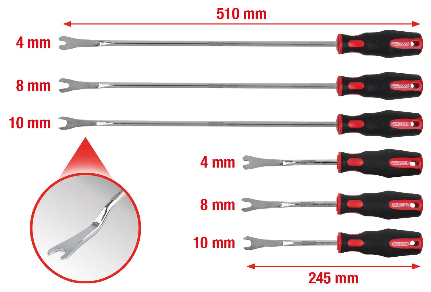 Sada šesti páčkových nástrojů s různými šířkami čepelí: 4 mm, 8 mm a 10 mm. Dvě délky: 510 mm a 245 mm.