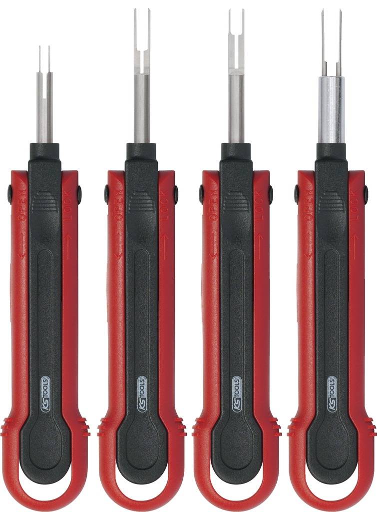 Čtyři červené a černé speciální nástroje s různými hroty, pravděpodobně určené pro technické aplikace v elektronice nebo mechanice.