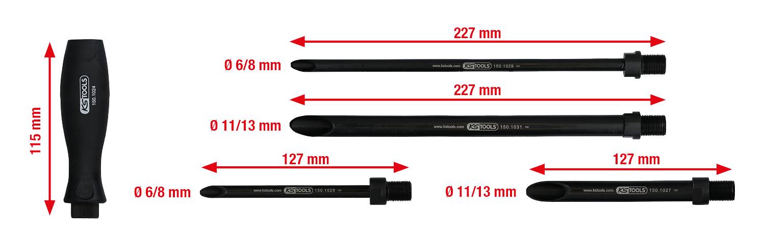 Obrázek ukazuje T-rukojeti a nástavce s údaji o délce: dva o délce 227 mm, dva o délce 127 mm, vždy s různými průměry.
