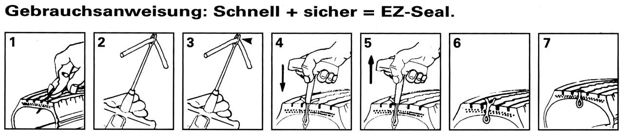 Návod k použití: Rychle + bezpečně = EZ-Seal. Sedm diagramů ukazuje kroky k bezpečnému zabalení pomocí pásku.