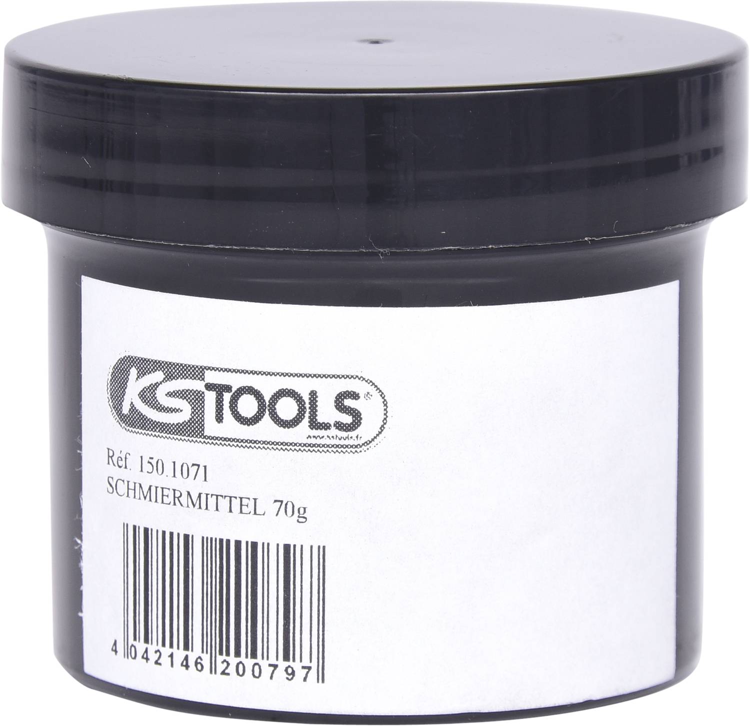 Černý kontejner s nápisem 'KS Tools mazivo 70g'. Obsahuje čárový kód a referenční číslo 150.1071.