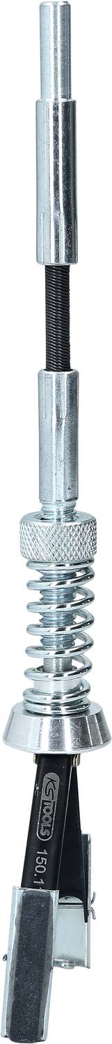 Stříbrný kovový nástroj s nastavitelným pružinovým mechanismem a čelistmi, pravděpodobně upínací nástroj.