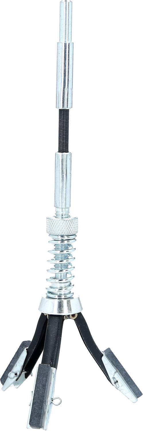 Stříbrný nástroj s flexibilním, prodlouženým držadlem a třemi černými uchopovacími rameny, pravděpodobně určený prouchopení malých předmětů.