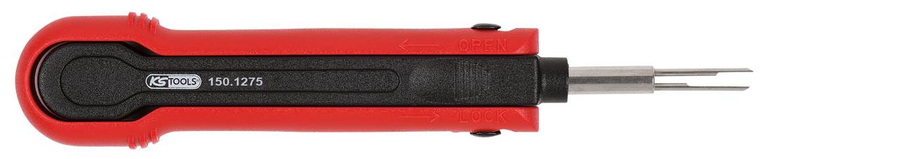 Červený ergonomický rukojeť s černým vsazením a kovovým hrotem, pravděpodobně elektronický nástroj.
