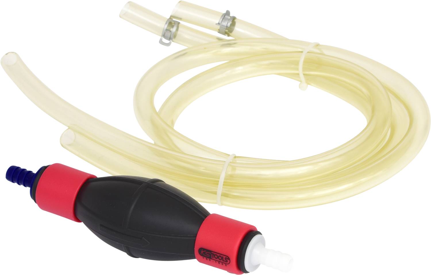 Transparentní hadice s černou a červenou ruční pumpou, vhodná pro přečerpávání nebo přelévání kapalin.