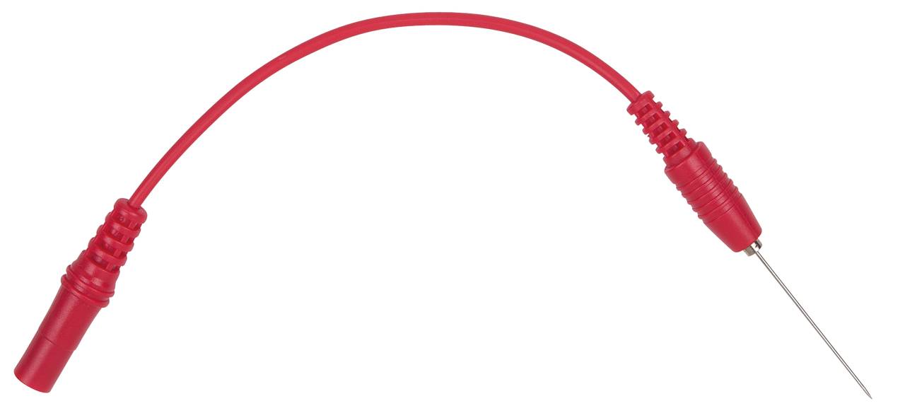 Červený kabel zkušebního přístroje s izolovaným vodičem, zdířkou na jedné straně a tenkou kovovою špičkou na straně druhé.