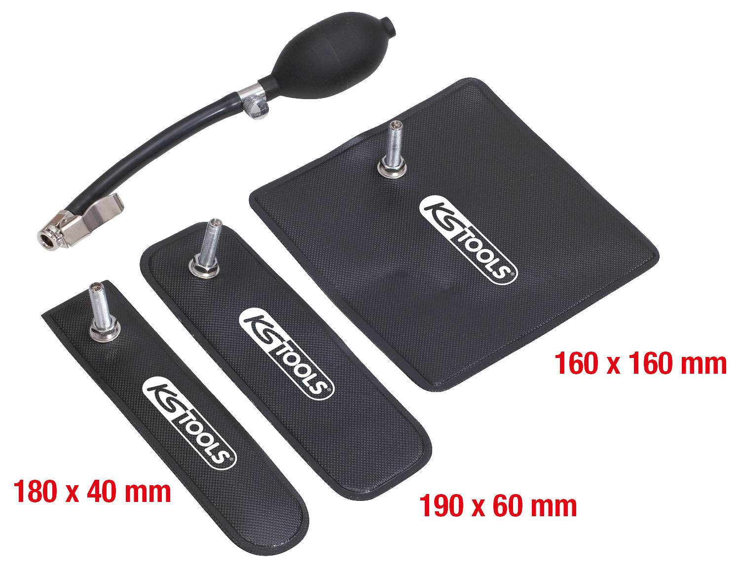 Tři černé nafukovací polštáře značky KS Tools v různých velikostech: 160 x 160 mm, 180 x 40 mm a 190 x 60 mm, včetně nafukovací pumpy.