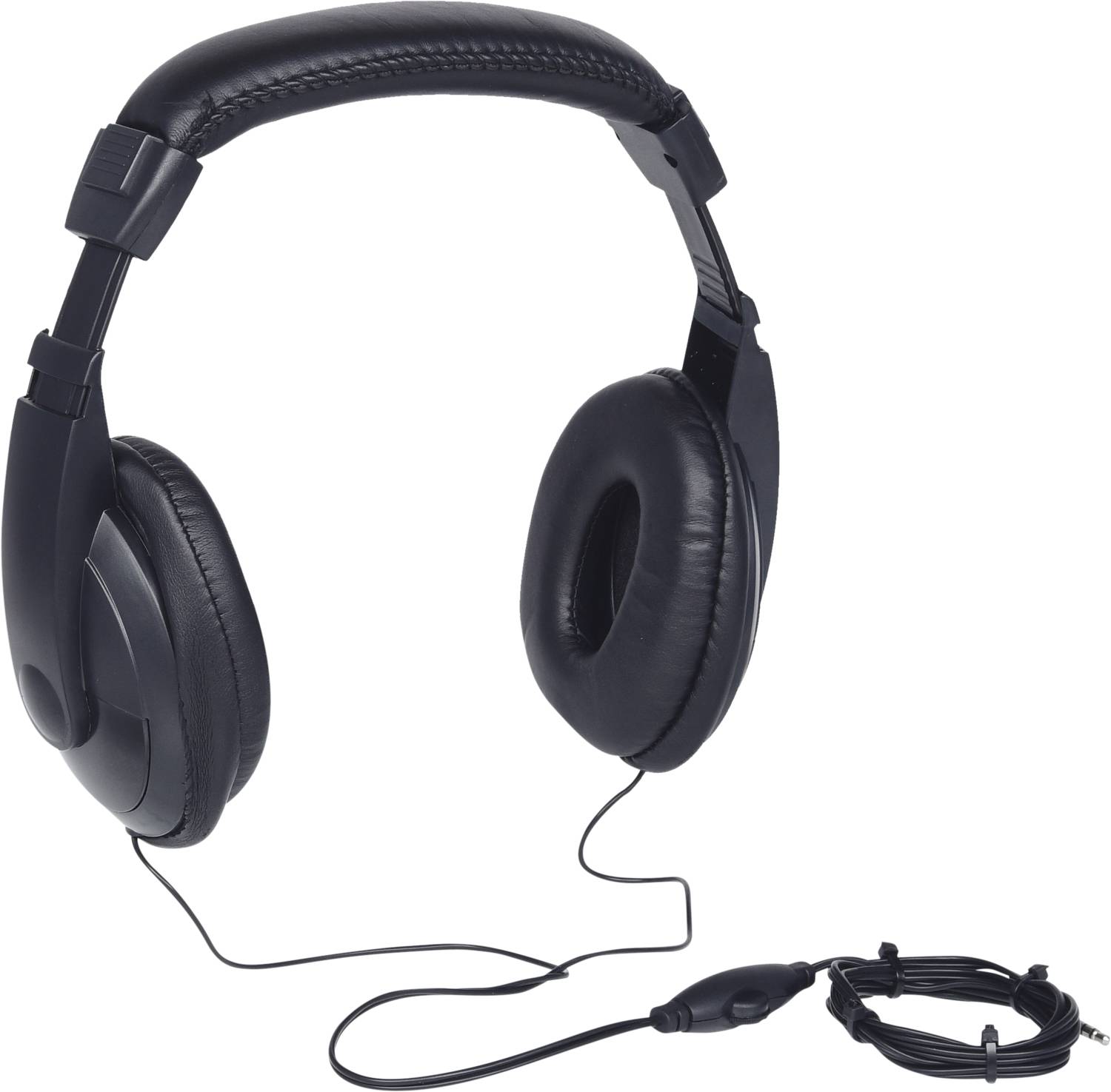 Černé over-ear sluchátka s kabelem a ovládáním hlasitosti, vedle nich smotaný kabel.