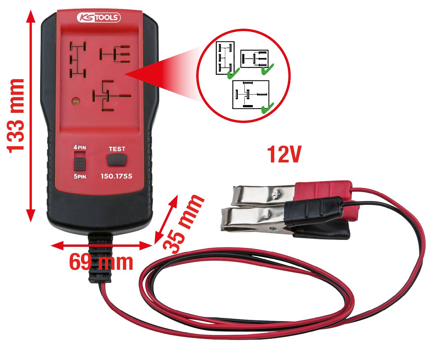Měřicí přístroj s LED displejem pro motorová vozidla, krokosvorkami, 12V, číslo modelu 150.1755, rozměry: 133x69x35 mm. Určeno pro kontrolu pojistek.