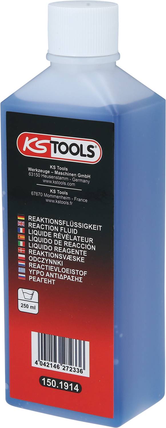 Láhev s modrou reakční kapalinou od KS Tools. Etiketa s vícejazyčným popisem a objemem 250 ml.
