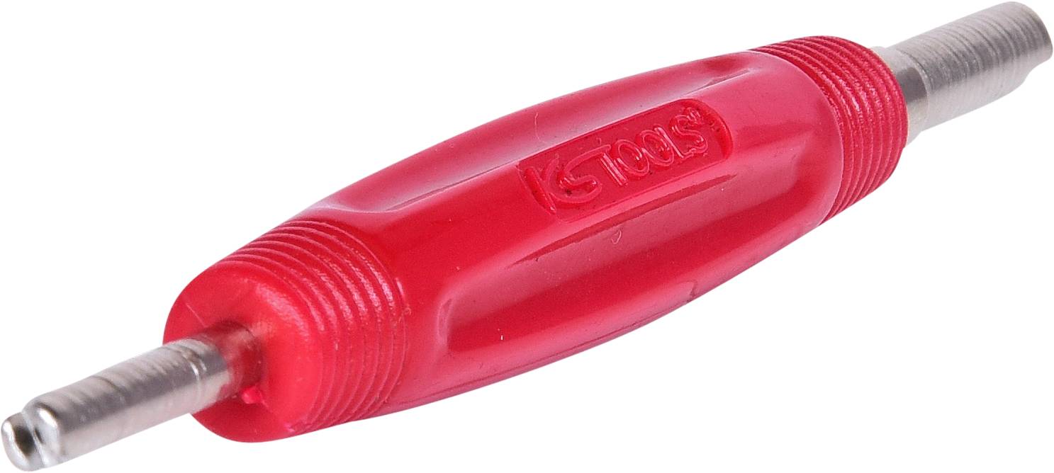 Červený rukojeti nástroje se dvěma kovovými hroty na koncích, pravděpodobně vhodný pro řemeslné nebo technické použití.