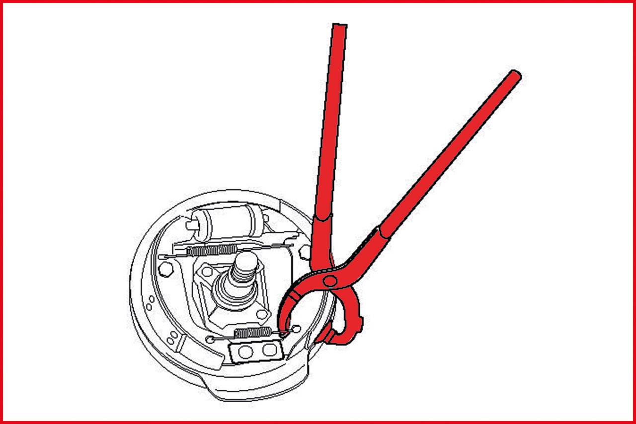 Diagram znázorňuje kleště, které drží kulaté mechanické zařízení, pravděpodobně za účelem údržby nebo opravy.