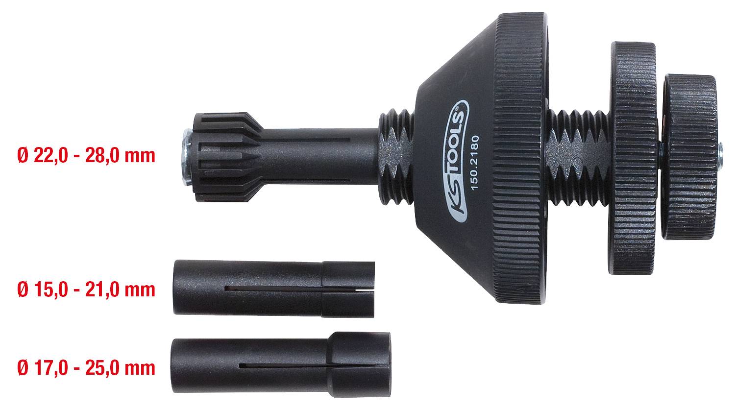 Nastavitelný montážní nástroj se dvěma dodatečnými vložkami. Indikace rozsahů napětí: 15,0-21,0 mm a 17,0-25,0 mm.