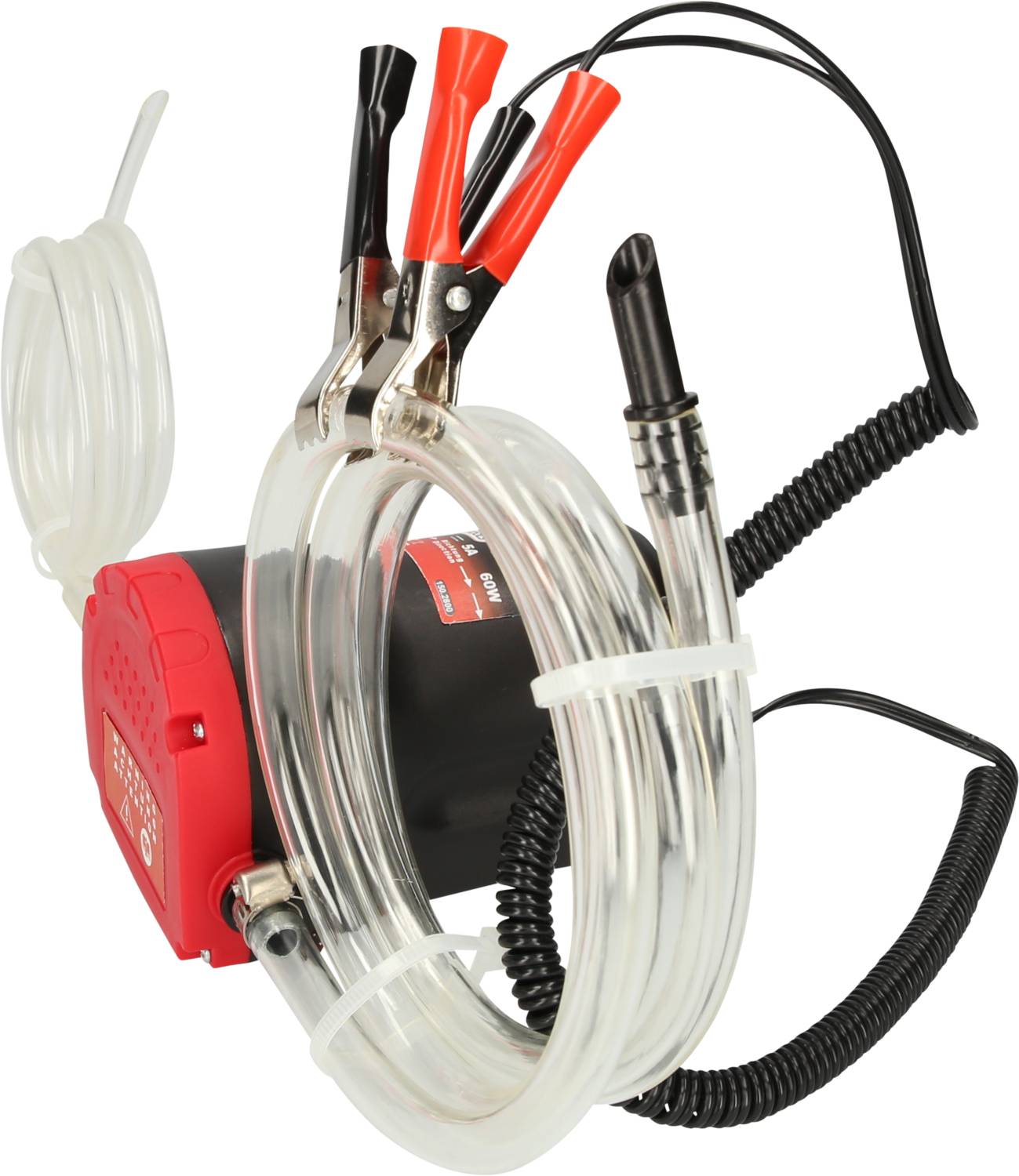 Mobilní odsávací zařízení na olej s průhlednými hadicemi a červenými a černými svorkami, používané pro snadné odstraňování oleje.