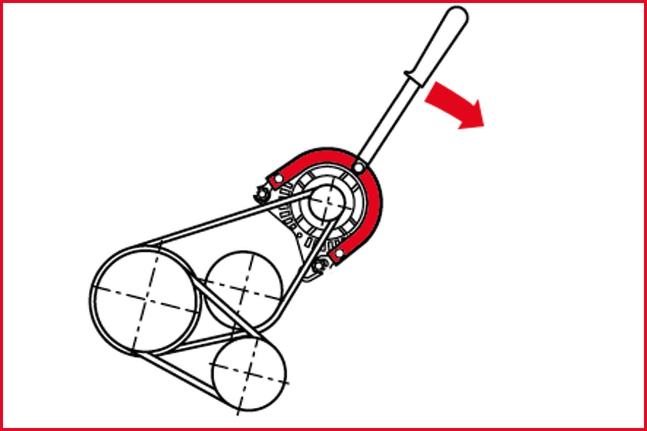 Diagram mechanického systému s pákou a kladkami. Červený šipka ukazuje směr pohybu tyče.
