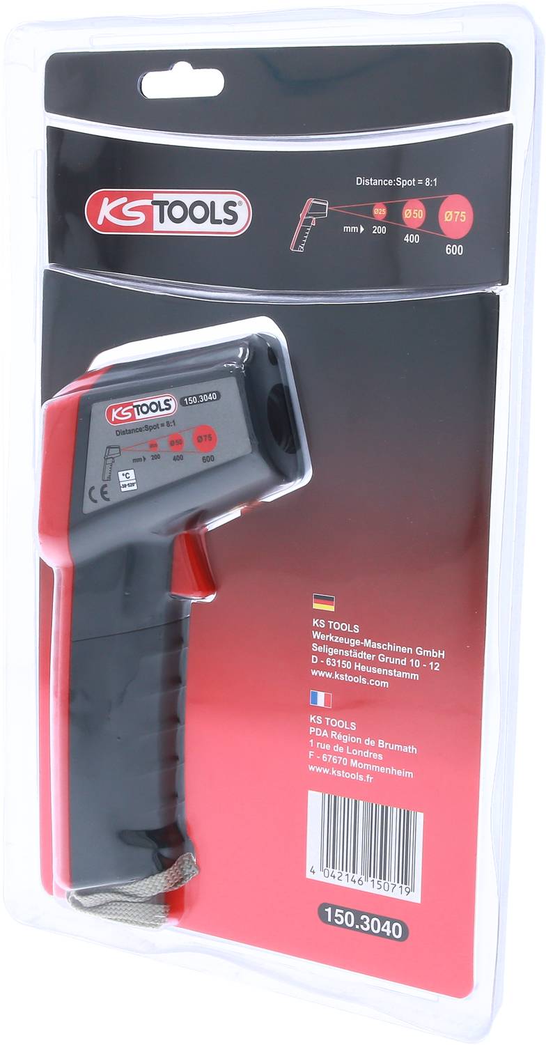 Teploměrová pistole od KS Tools v originálním balení s indikátorem měřicího rozsahu.