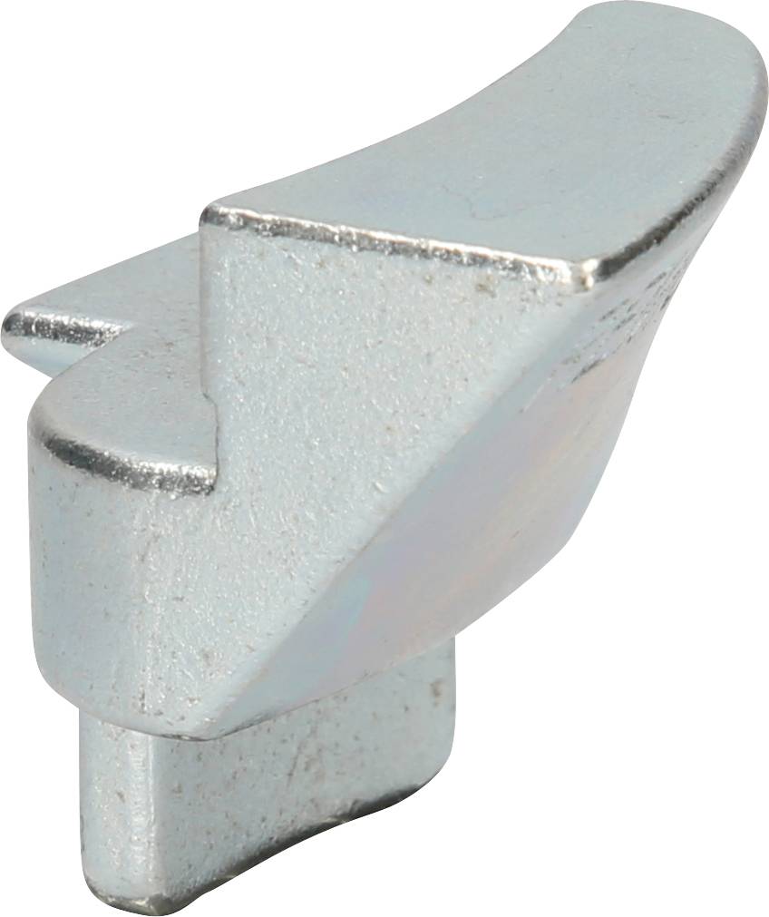 Kovový objekt, stříbrný a lesklý, s nepravidelným tvarem a hladkými hranami.