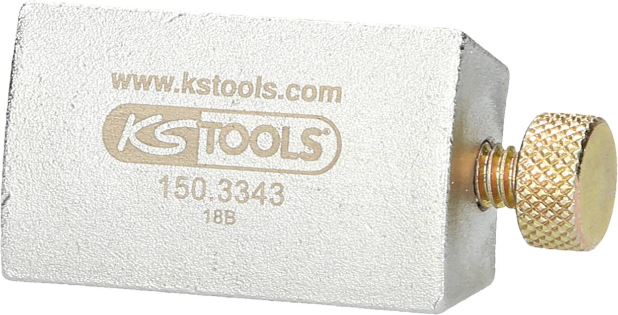 Obdélníkový kovový blok s nápisem 'www.kstools.com 150.3343 18B', po straně nastavitelný vroubkovaný otočný knoflík.