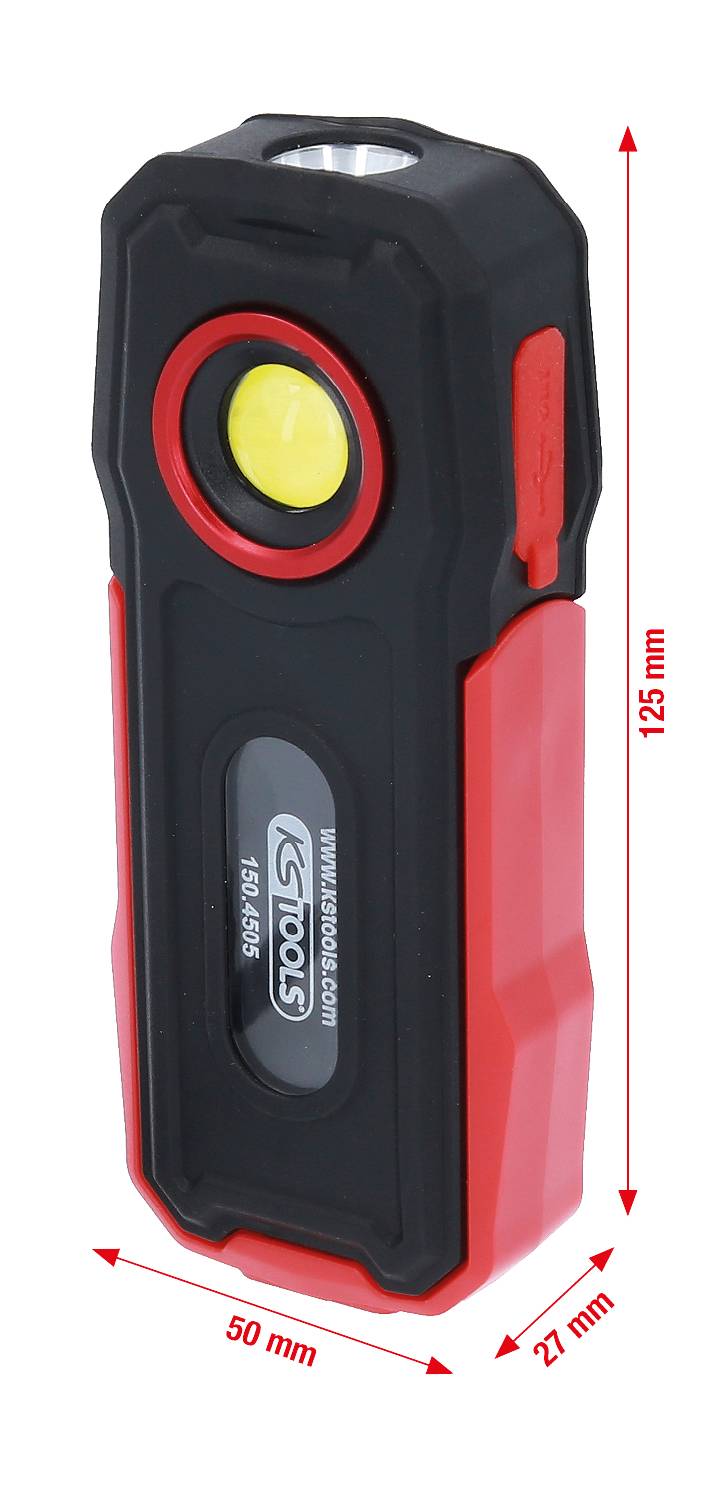 Černá a červená LED svítilna s rozměry 125 mm x 50 mm x 22 mm.
