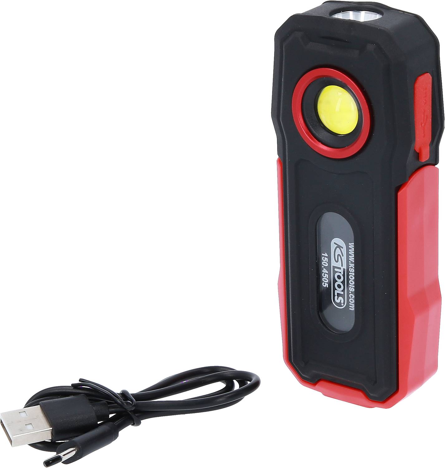 Přenosná LED lampa s červeným a černým tělem, vedle níž je USB nabíjecí kabel. Ideální pro mobilní osvětlení.