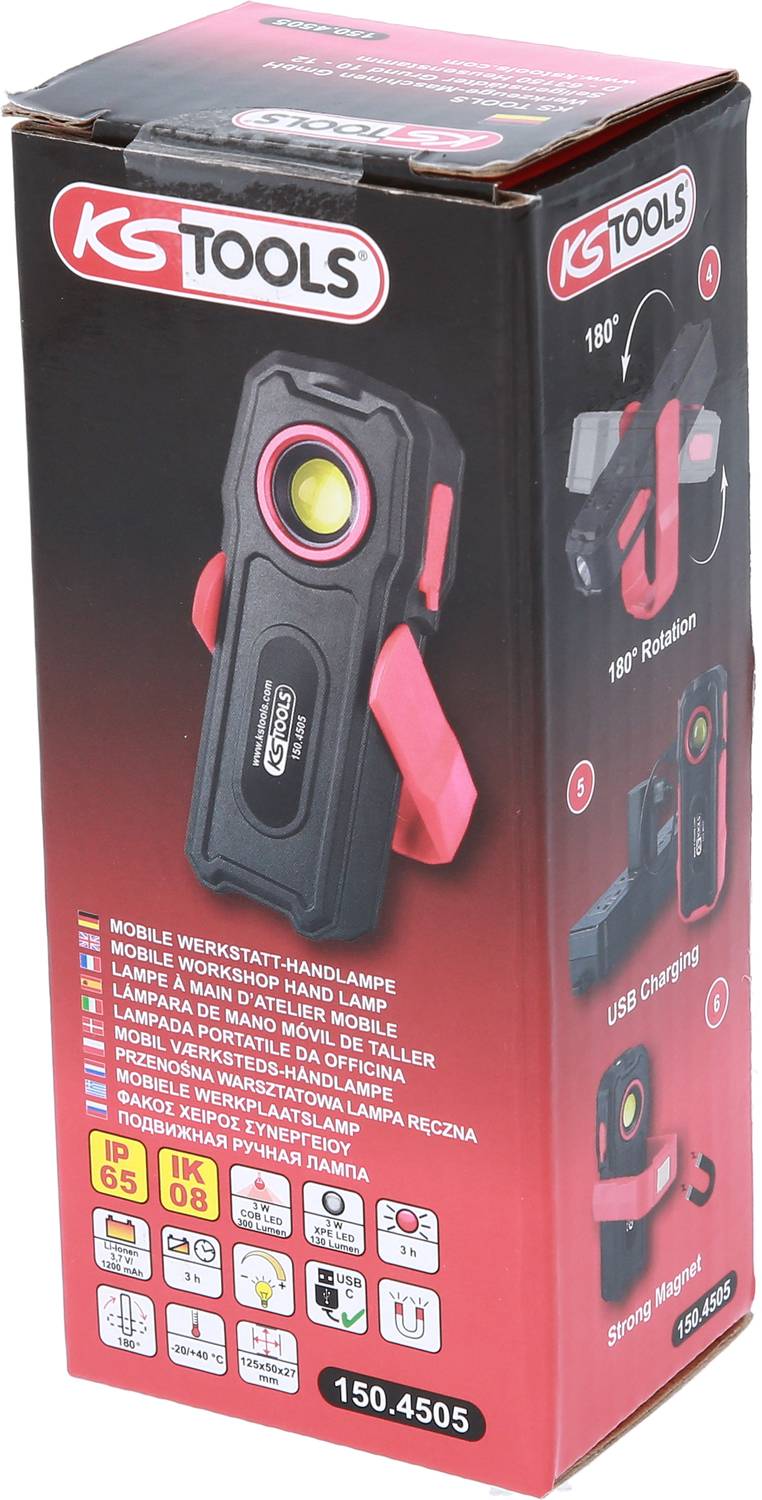 Mobilní dílenská ruční lampa od KS Tools s rotací 180°, silným magnetem, krytím IP65 a světelným tokem 160 lumenů.