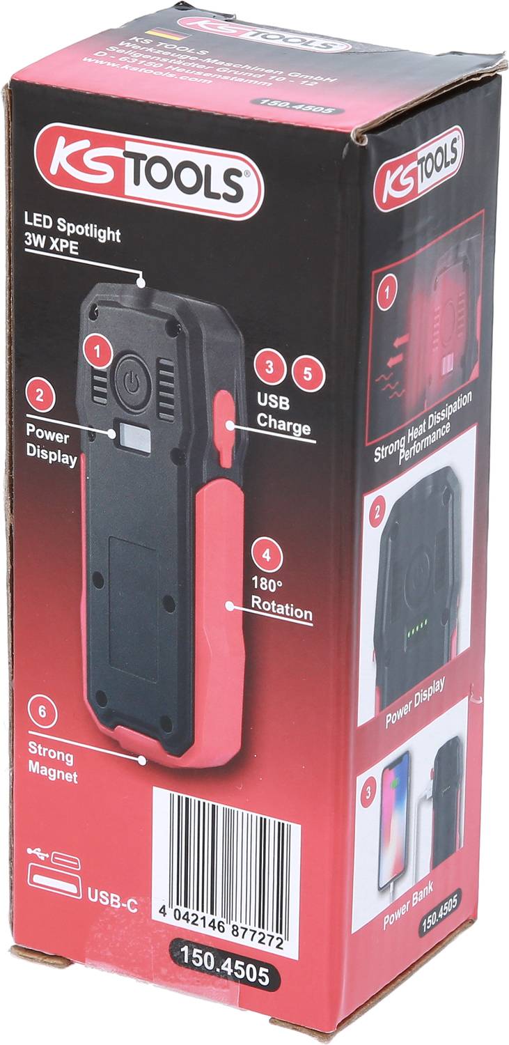 LED reflektor KS Tools 3W XPE na obalu. Zobrazuje obrázky funkcí: USB nabíjení, 180° otočení, silný magnet. Model 150.4505.
