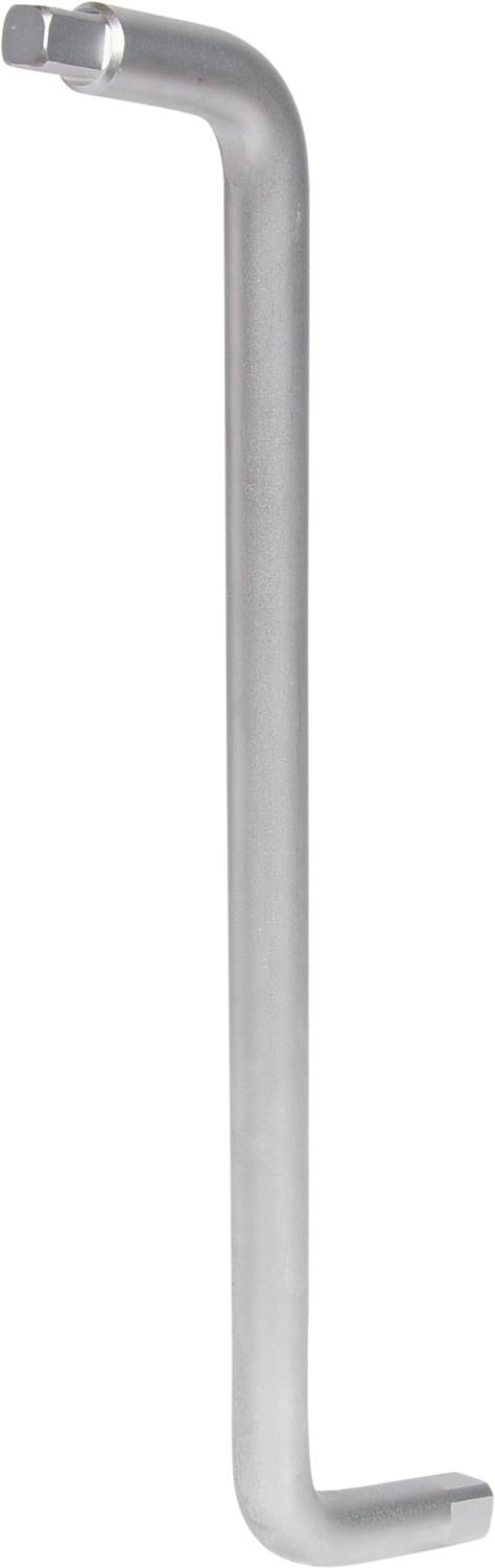 Stříbrný L-shaped inbusový klíč z kovu, umístěný vertikálně.